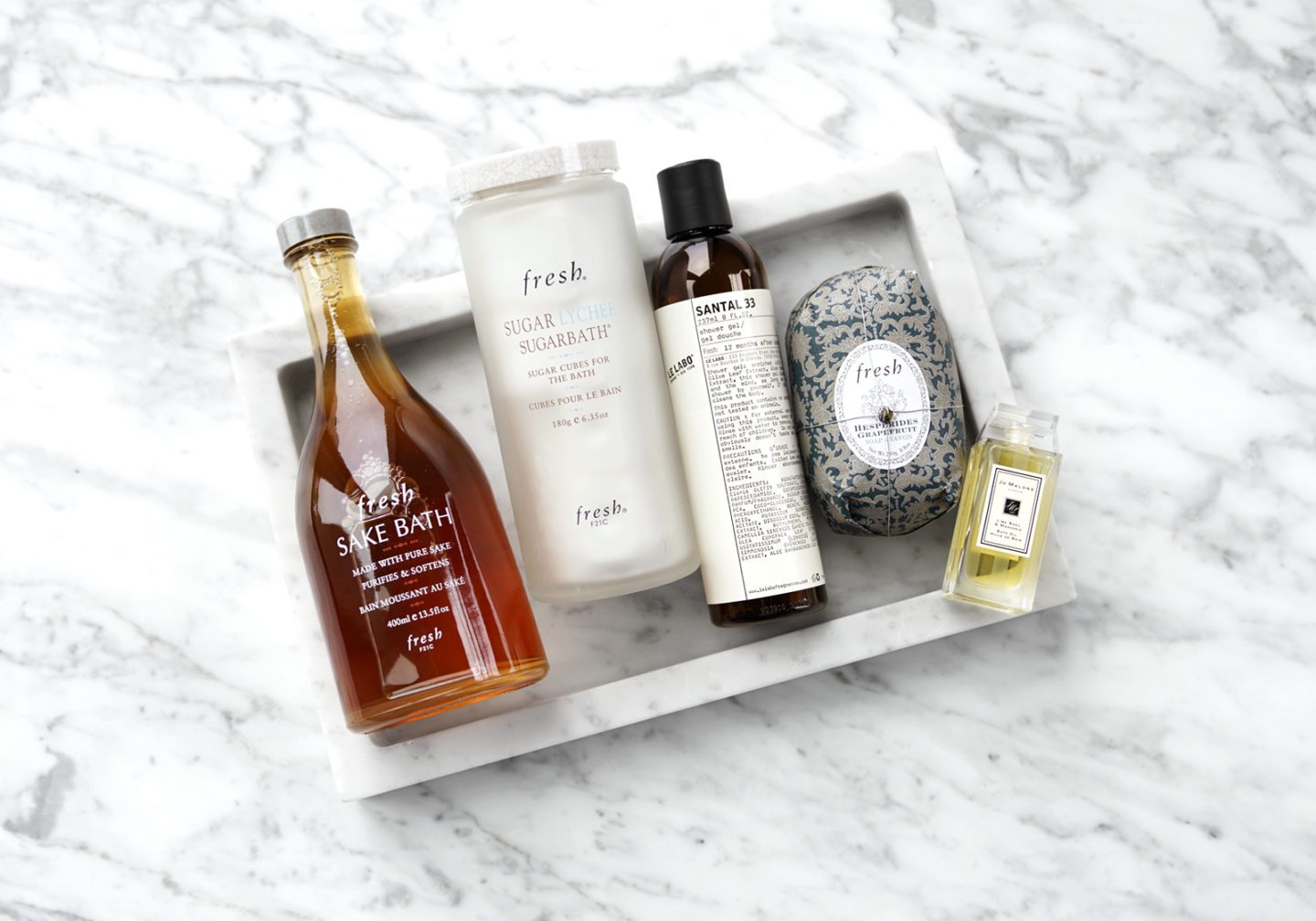 Fresh Sake Bath Sugar Cubes Le Labo Santal Shower Gel and Jo Malone Bath Oil