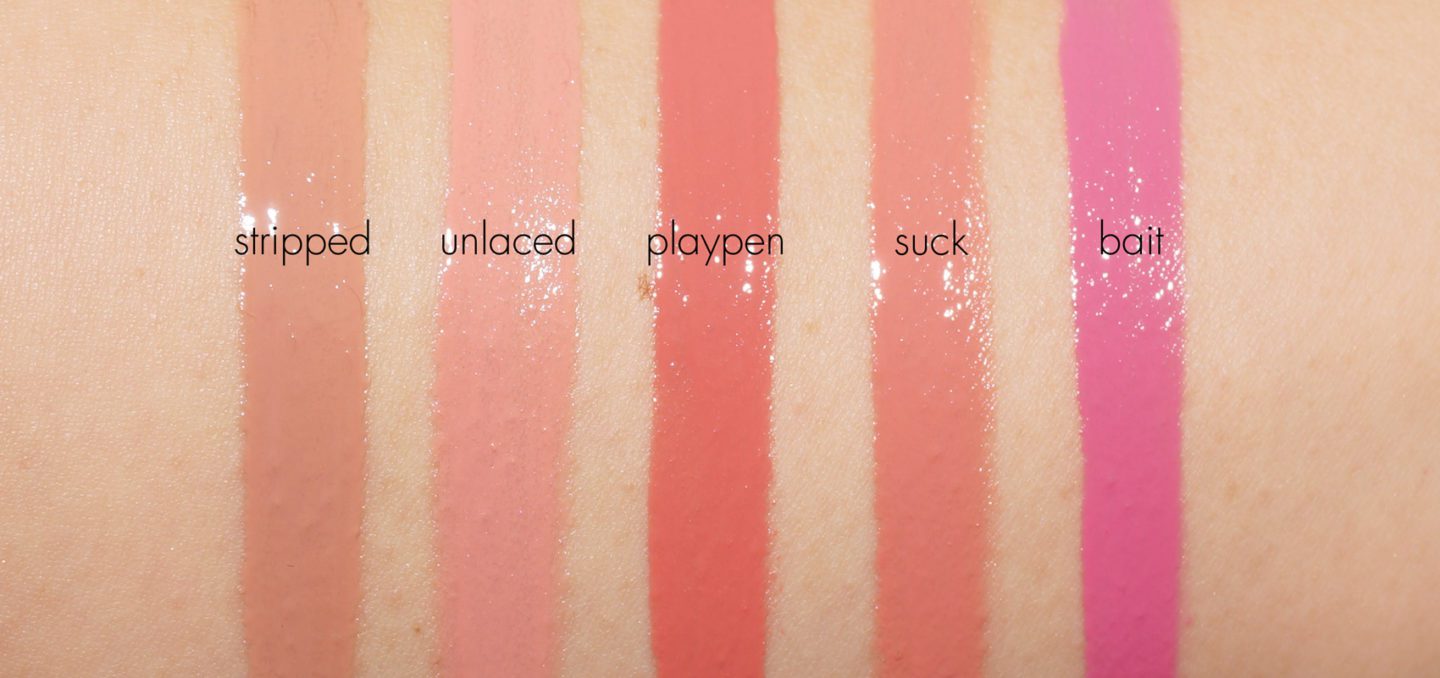 NARS Velvet Lip Glide Swatches Unlaced, Playpen, Stripped, Suck Bait | The Beauty Look Book