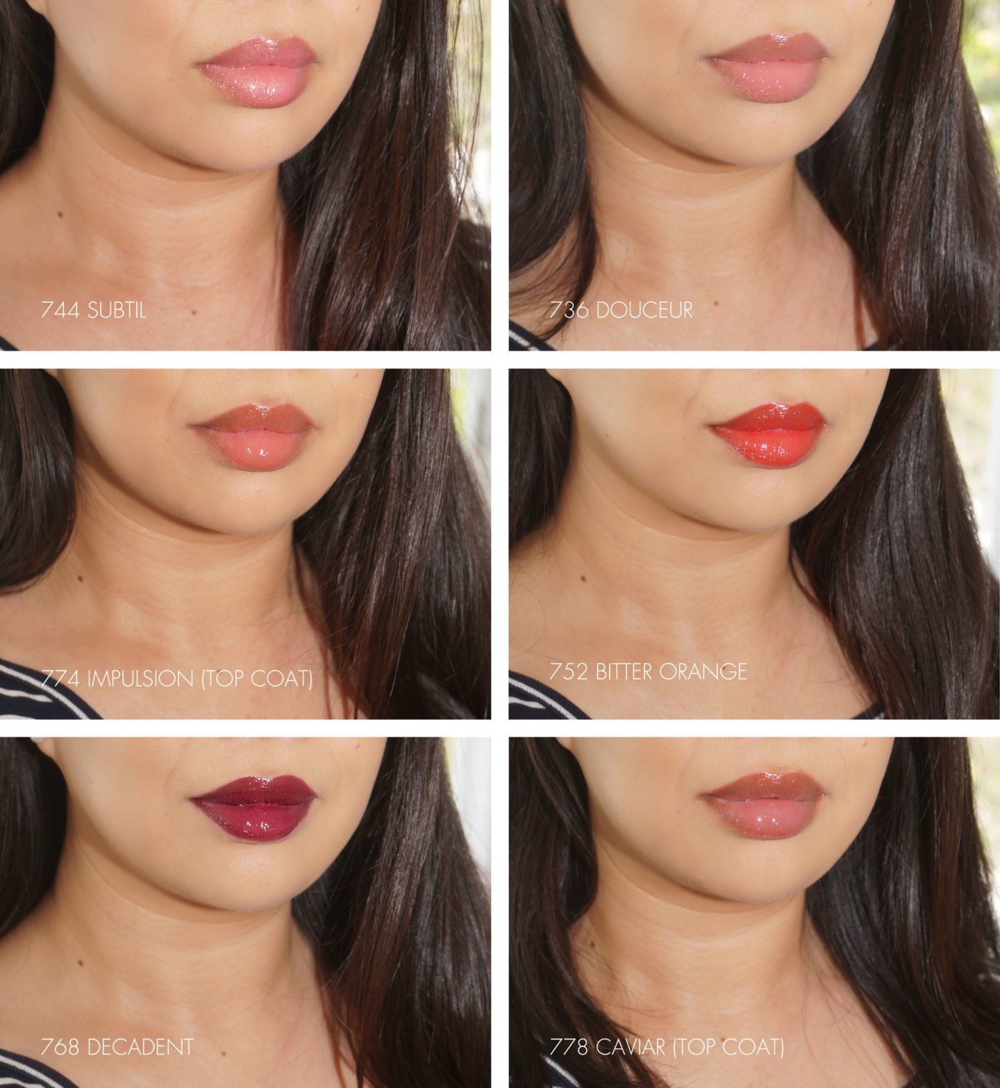 Chanel Rouge Coco Gloss Subtil, Douceur, Bitter Orange, Decadent, Caviar | The Beauty Look Book