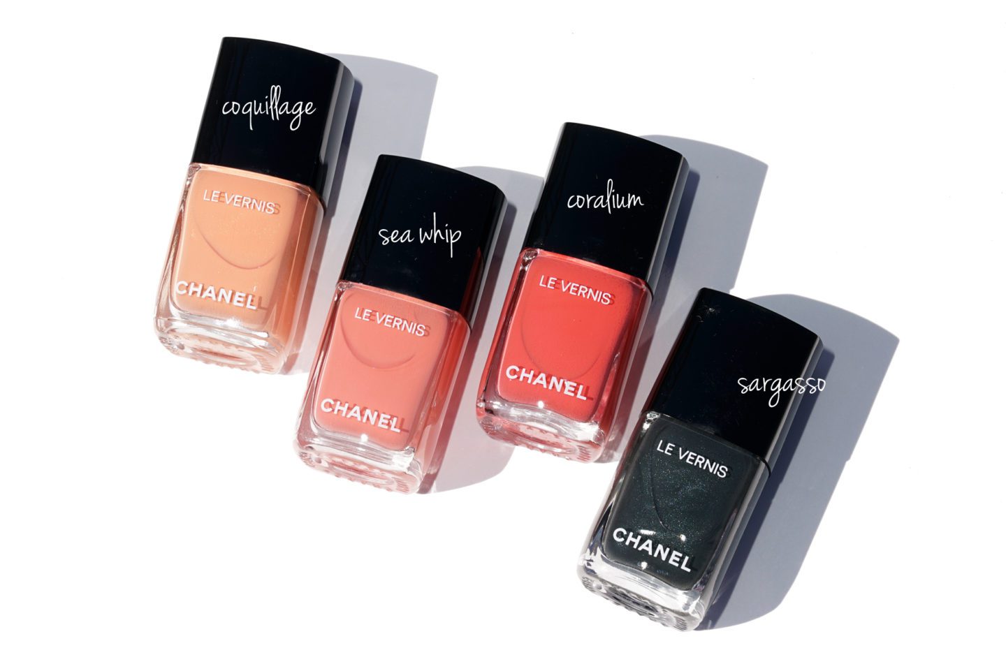 Chanel Cruise 2017 Nail Polishes, Coquilage, Sea Whip, Coralium, Sargaso