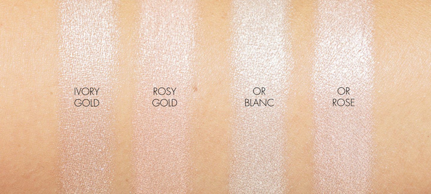 Chanel Highlighters Poudre Lumiere in Ivory Gold and Rosy Gold, Le Signe du Lion in Or Blanc and Or Rose swatches | The Beauty Look Book