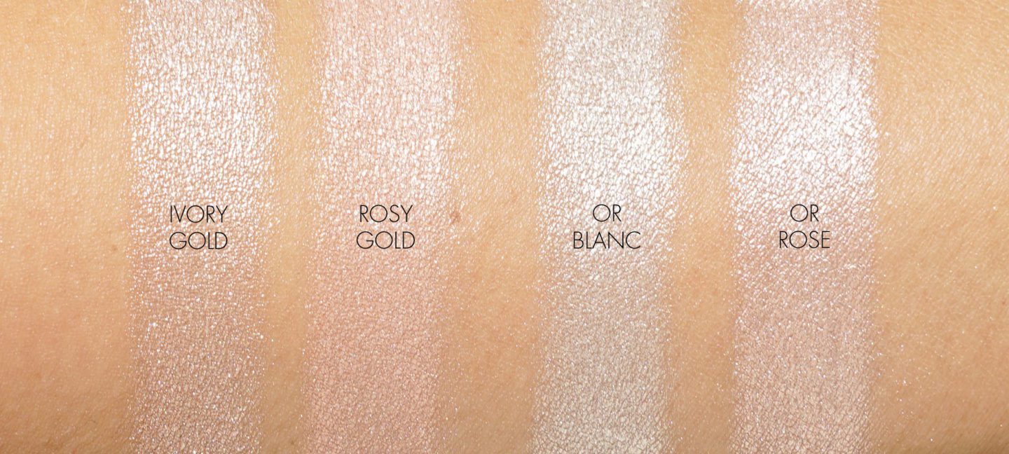 Chanel Highlighters Poudre Lumiere in Ivory Gold and Rosy Gold, Le Signe du Lion in Or Blanc and Or Rose swatches | The Beauty Look Book