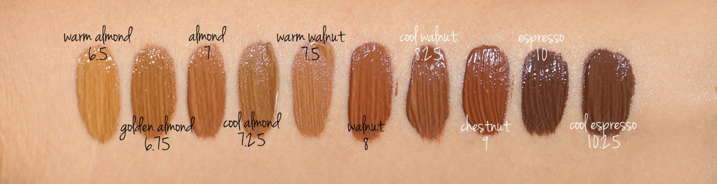 Bobbi Brown Skin Long-Wear Foundation swatches Warm Almond 6.5, Golden Almond 6.75, Almond 7, Cool Almond 7.25, Warm Walnut 7.5, Walnut 8, Cool Walnut 8.25, Chestnut 9, Espresso 10, Cool Espresso 10.25