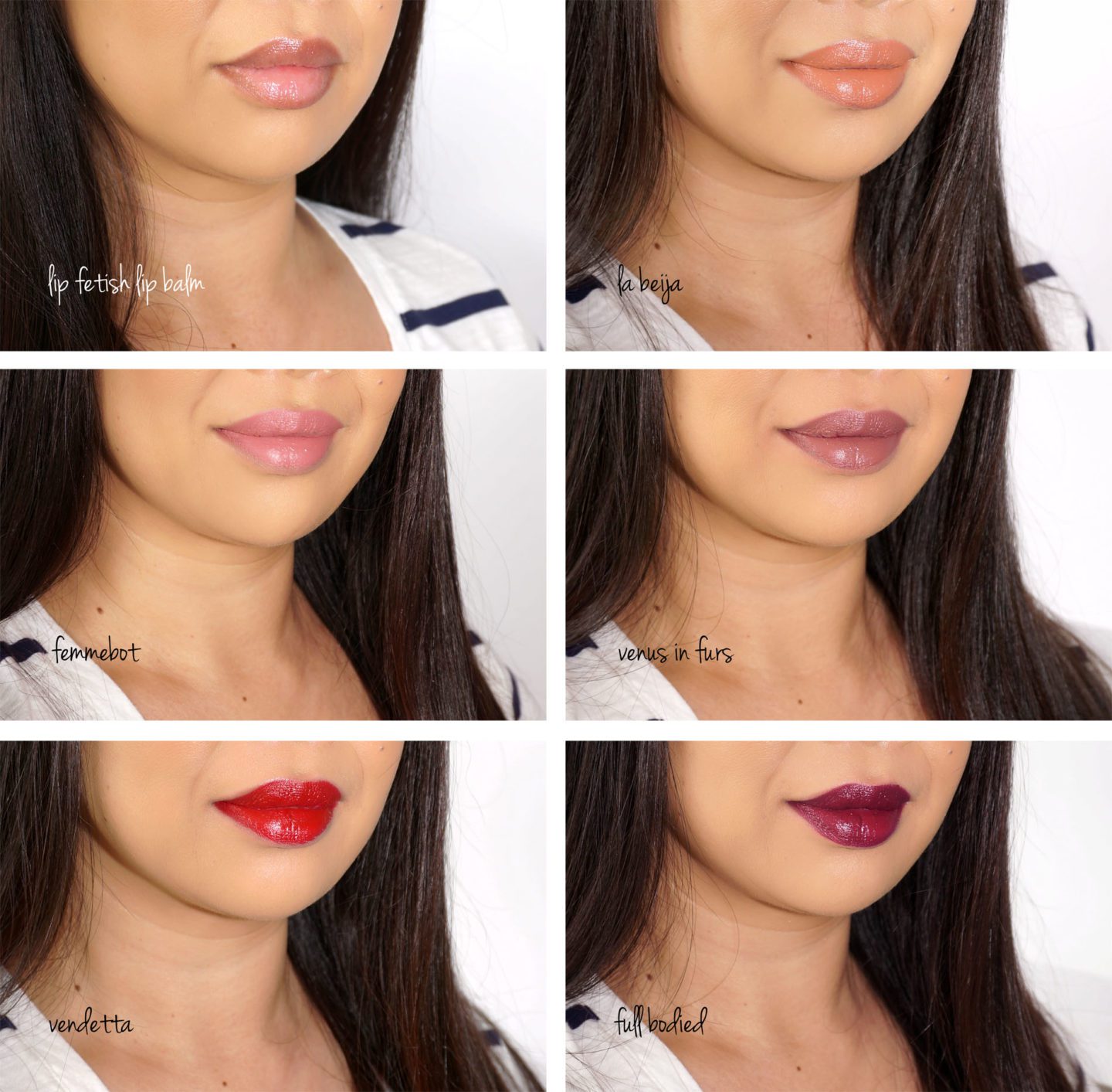 Pat McGrath Lip Fetish Lip Balm, La Beija, Femmebot, Venus in Furs, Vendetta, Full Bodied lip swatches
