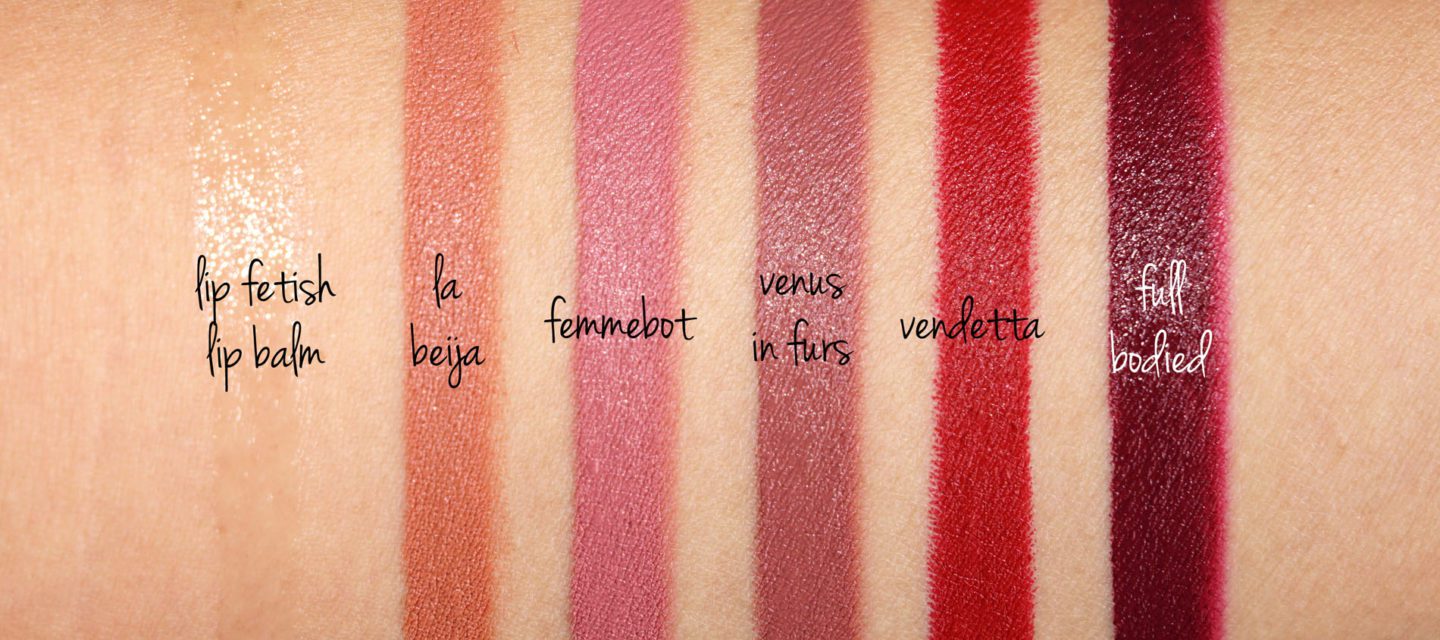 Pat McGrath Lip Fetish Lip Balm, La Beija, Femmebot, Venus in Furs, Vendetta, Full Bodied swatches