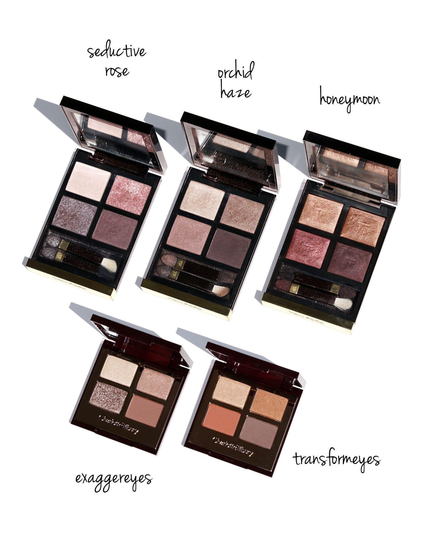 Tom Ford Eyeshadow Quad Seductive Rose, Orchid Haze, Honeymoon, Charlotte Tilbury Exaggereyes and Transformeyes