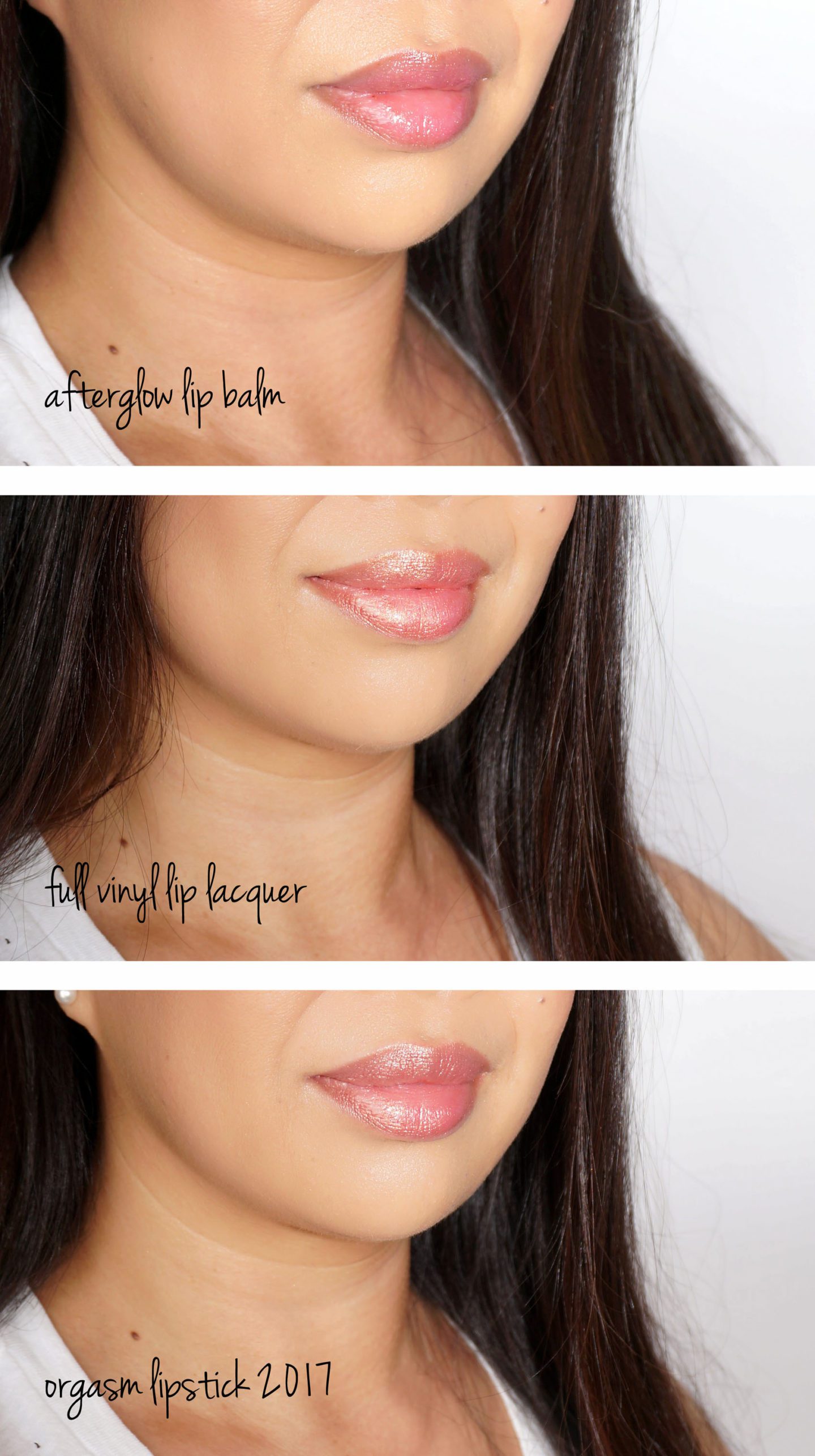 NARS Orgasm Afterglow Lip Balm and Full Vinyl Lip Lacquer swatches