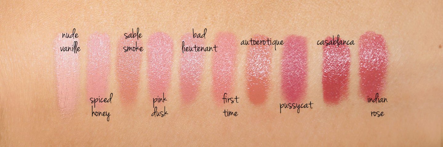 Tom Ford Lip Color swatches Nude Vanille, Spiced Honey, Sable Smoke, Pink Dusk, Bad Lieutenant, First Time, Autoerotique, Pussycat, Casablanca and Indian Rose