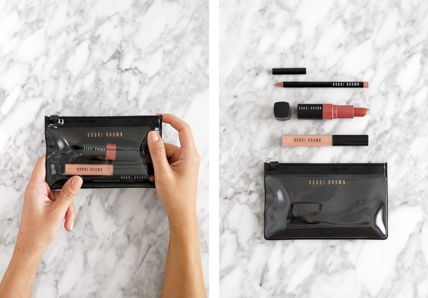 Bobbi Brown Beige Lip Pencil, Bare Crushed Lip Color and Sandy Beige Lip Gloss swatches