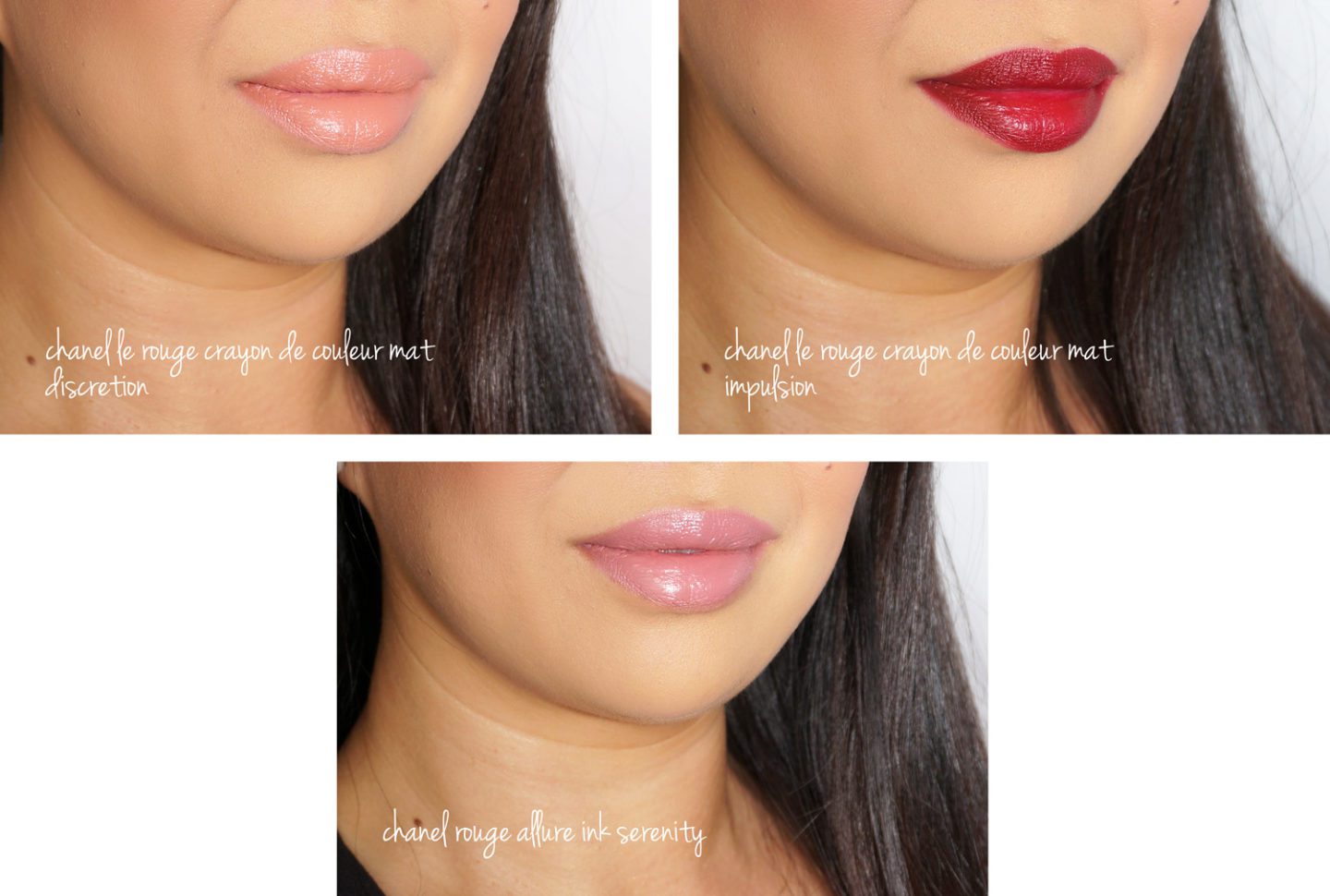 Chanel Jumbo Longwear Matte Lip Crayon in Discretion and Impulsion, Rouge Allure Ink in Serenity swatches | The Beauty Look Book