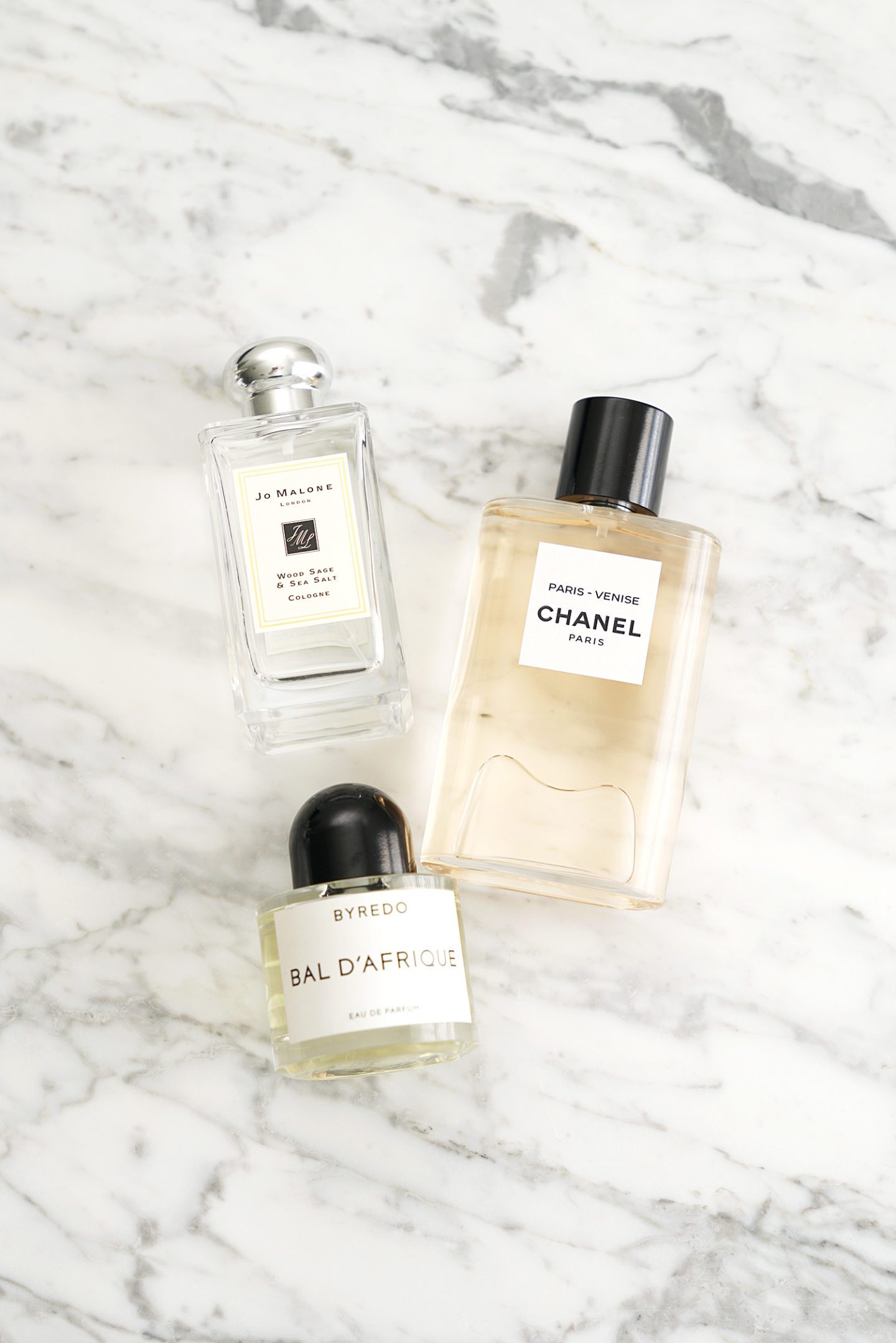 Byredo Bal D'Afrique, Jo Malone Wood Sage Sea Salt, Chanel Les Eaux de Chanel Venise