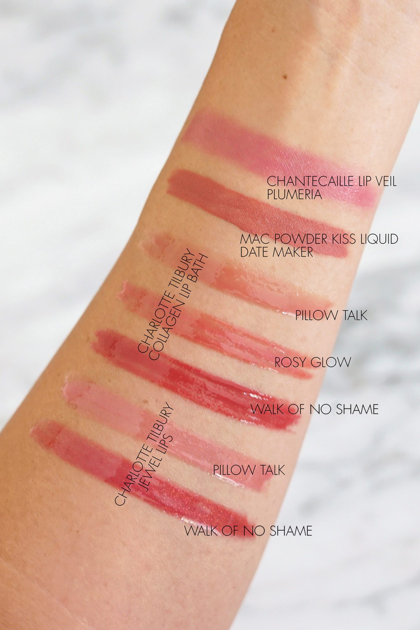 Rose Lip Swatches Chantecaille, MAC, Charlotte Tilbury Collagen Lip Bath
