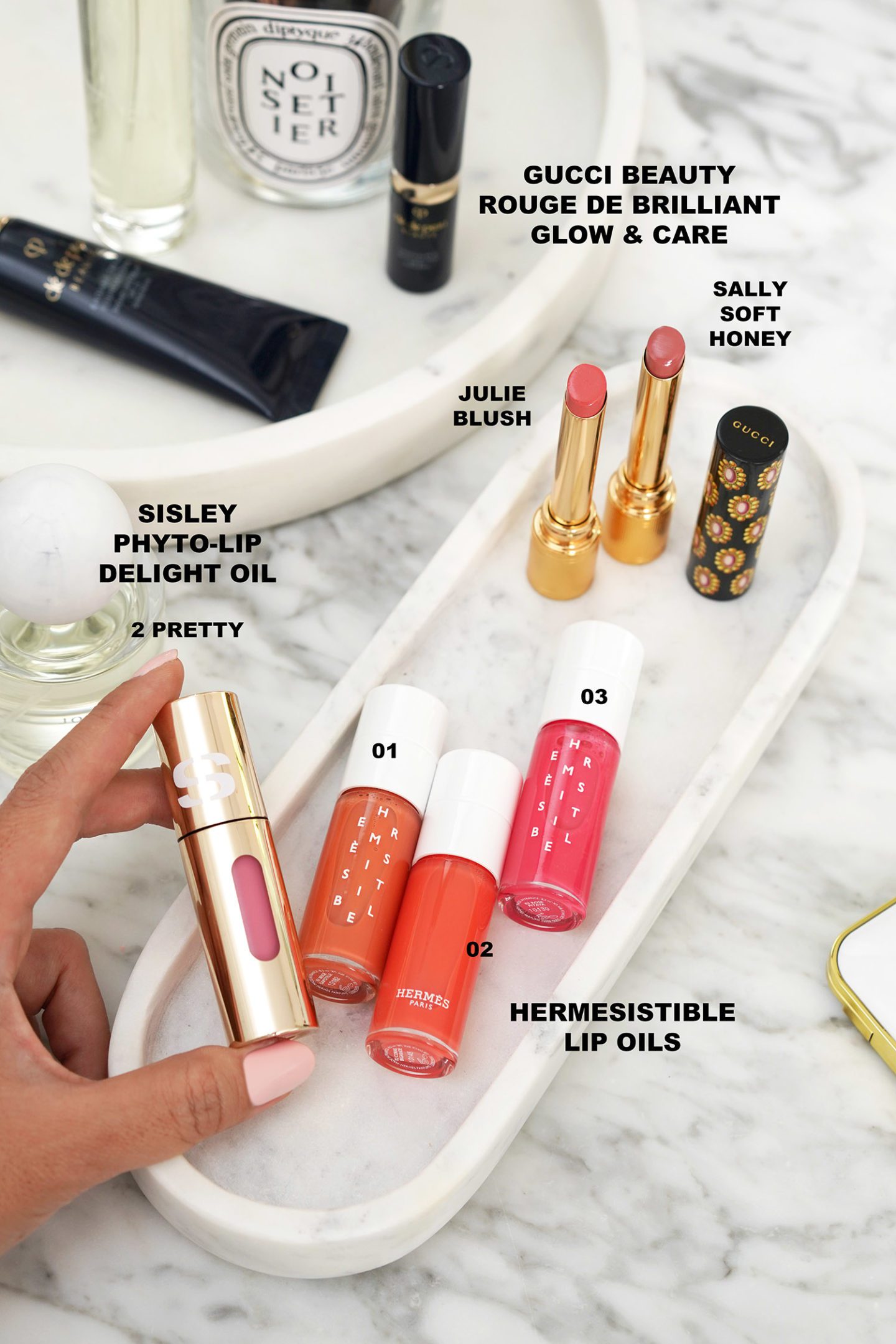 Sisley Phyto-Lip Delight Lip Oils, Hermes Lip Oil, Gucci Lipsticks