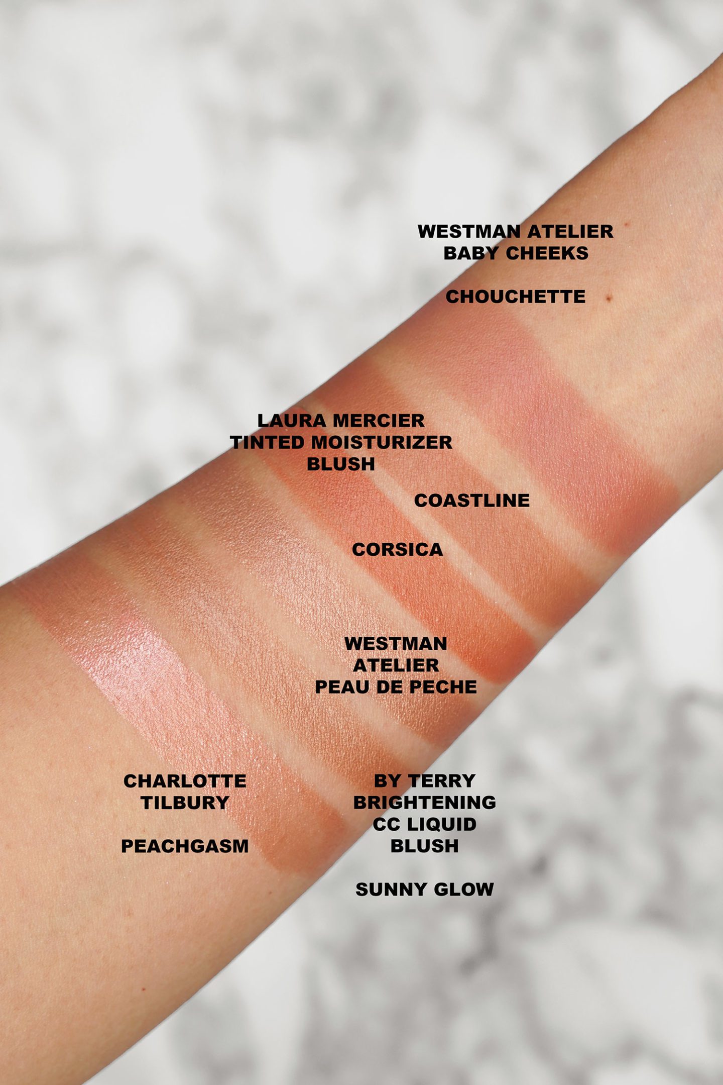 Summer Glow By Terry, Laura Mercier, Westman Atelier swatches