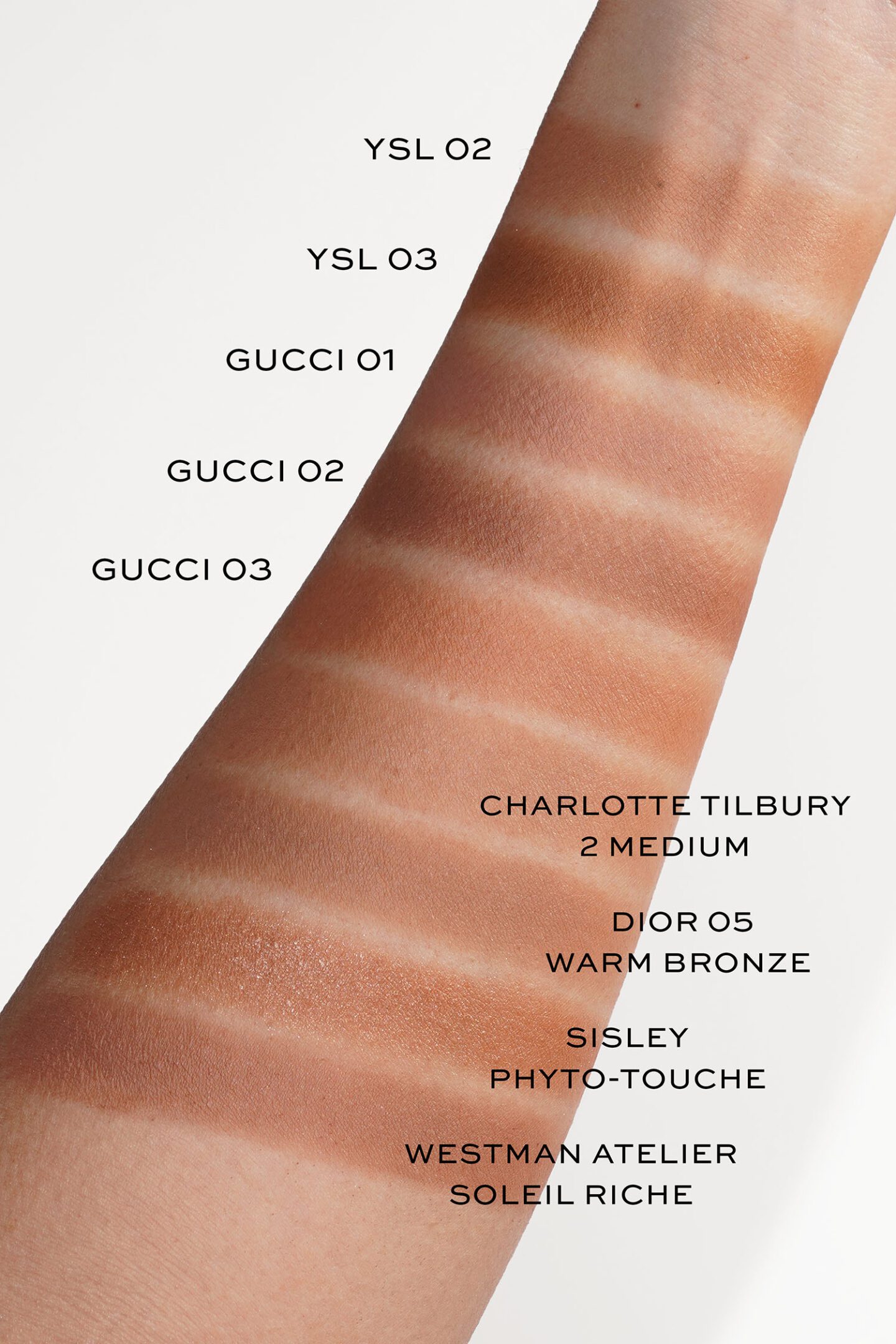 Bronzer swatches YSL, Gucci, Charlotte Tilbury, Dior and Westman Atelier